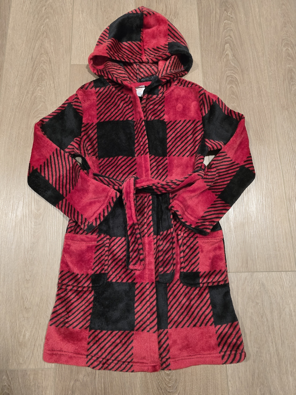 Wonder Nation Boys Plush Buffalo Plaid Hooded Robe Red Black Size 8 Medium